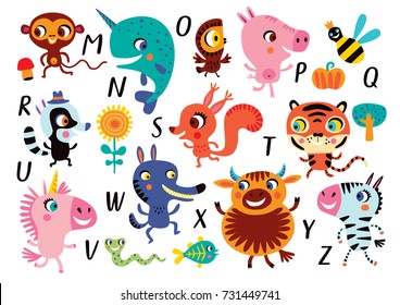 Vector Alphabet With Cute Little Animals In Cartoon Style. Part 2. M, N, O, P, Q, R, S, T, U, V, V, X, W, Z. 