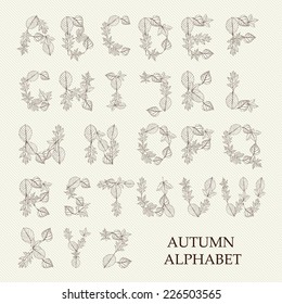 Vector alphabet with decorative autumn leaves. Creative autumn ABC.