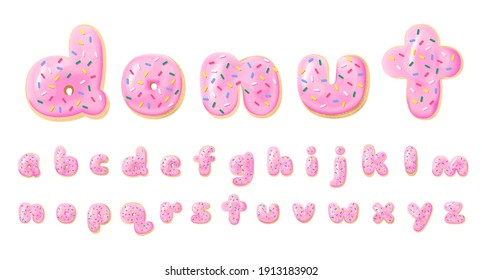 Vector alphabet of donuts. Bakery sweet tasty font. Pink lowercase letters on the white background. Food lettering