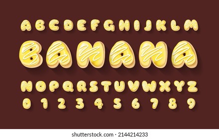Vector alphabet of donuts. Bakery sweet tasty font. Yellow banana letters and numbers on the brown background. Food lettering. Donut font. Cake and cookies isolated baby glazed dessert