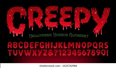 Vector Alphabet Of Dripping Blood; Creepy Horror Or Haunted House Font Lettering For Halloween.