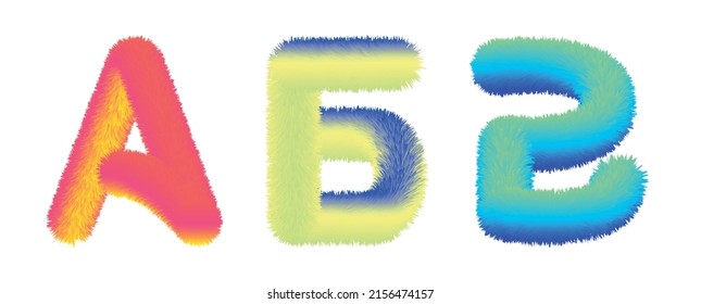 Vector alphabet with the effect of fur. shaggy letter. A set of Cyrillic script for children's design. Chubby brightly colored Russian letters. ABC for kids on white background. Colored symbols

