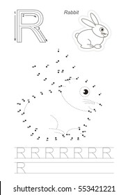 Vector alphabet exercise with kid educational game to learn handwriting with easy game level for preschool children, to connect dots by numbers, tracing worksheet for letter R. Rabbit.