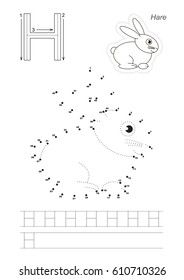 Vector alphabet exercise with kid educational game to learn handwriting with easy gaming level for preschool kids, to connect dots by numbers, tracing worksheet for letter H, the Hare.