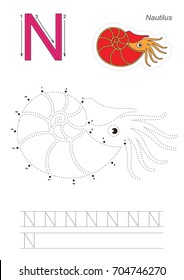 Vector Alphabet Exercise With Kid Educational Game To Learn Handwriting With Easy Gaming Level For Preschool Kids, To Connect Dots By Numbers, Tracing Worksheet For Letter N. Nautilus.