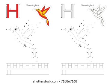 Vector alphabet exercise with kid educational game to learn handwriting with easy gaming level for preschool kids, to connect dots by numbers, tracing worksheet for letter H. Hummingbird