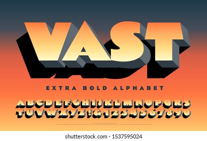 Vector alphabet extra bold font. This ultra heavy sans-serif lettering has 3d depth and cast shadow effects. Super extra poster style fat weight with warm colored gradient.