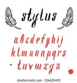 Vector alphabet with feathers. Hand drawn font. Calligraphic letters.