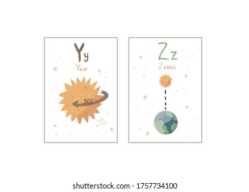 Vector Alphabet flashcards with letter Y Z. English Space alphabet for kids. Perfect for educations. Learn Space words with game