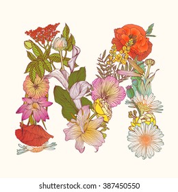 Vector alphabet of flowers. Floral letter N