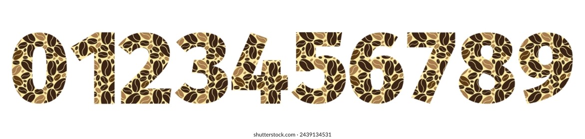 Vector alphabet font with a coffee theme. This tall condensed lettering has a speckled gradient reminiscent of coffee beans. Number Coffee Beans