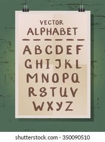 Vector alphabet. Font. Hand drawn letters. Letters of the alphabet written with a brush. green background. retro poster. vintage style