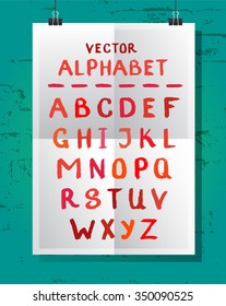Vector alphabet. Font. Hand drawn letters. Letters of the alphabet written with a brush. blue-green background. poster. red letters