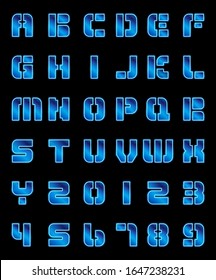Vector Alphabet font transparent glass neon template  design on black background.
