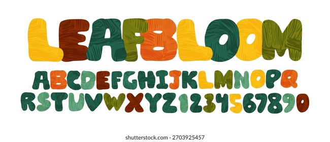 Tipografía tipográfica del alfabeto Vector en negrita, tipo redondeado. Diseño moderno funky con textura orgánica, letras coloridas. La forma gorda y burbujeante crea un sentimiento alegre. Estilo plano aislado. Ropa, marca
