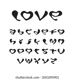 Vector alphabet font with ugly shapes. Set of English letters in the shape of a heart. ABC for encrypted love message
