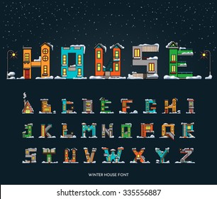 Vector alphabet in the form of houses with winter surroundings, environment, font houses. Easy recolor.