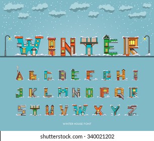 Vector alphabet in the form of houses with winter surroundings, environment, font houses. Easy recolor.