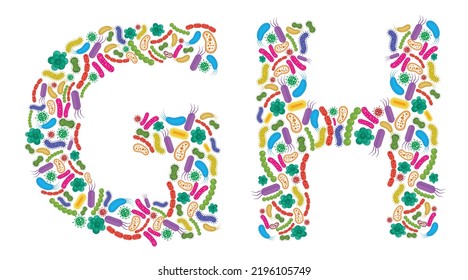 Vector alphabet G H made of Bacteria isolated on white background, bacteria font. Vector illustration.