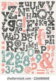 Vector alphabet and general typography elements and numbers | Sketchy creative letters collection hand drawn with ink pen for lettering posters, ads, headers, banners and more