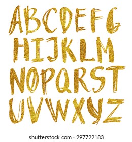 Vector alphabet in gold sequins. Hand drawn letters with sequins. Letters of the alphabet made up of gold spangles.