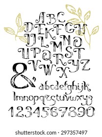 Vector alphabet. Grunge texture. Lowercase, uppercase letters, numbers and ampersand. Hand drawn ABC calligraphy set