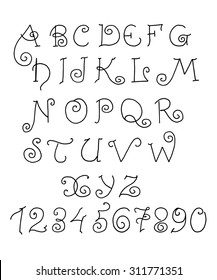 Vector alphabet. Hand drawn funny letters and numbers. Alphabet written with a pen