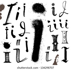 Vector alphabet. Hand drawn letters. Letters of the alphabet written with a brush. Spots and blotches.