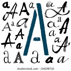 Vector alphabet. Hand drawn letters. Letters of the alphabet written with a brush. Spots and blotches.