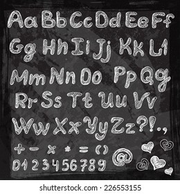 Vector alphabet. Hand drawn letters. Vector illustration of sketched characters alphabet on a isolated white blackboard. Letters of the alphabet written with a chalk. Vector 10 EPS