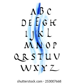 Vector alphabet. Hand drawn letters with watercolor background