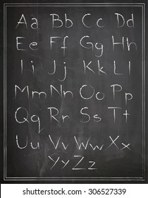 Vector alphabet. Hand drawn letters. Letters of the alphabet freehand written on chalkboard background. Capital and small letters. Vector, illustration.
