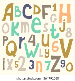 Vector alphabet. Hand drawn letters. Doodle comic font for your design. White backdrop.