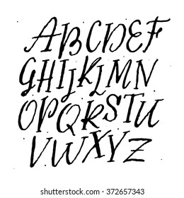 Vector alphabet. Hand drawn letters written. Vector script lettering font, handwritten calligraphic alphabet. The alphabet in calligraphy. 
