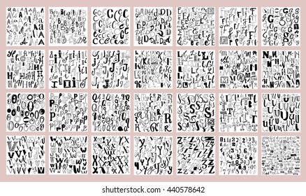 Vector alphabet. Hand drawn. Letters of the alphabet written with a brush, pencil and marker. With numbers, ampersands and catch words.