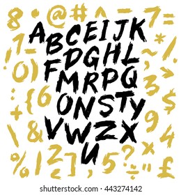 Vector alphabet. Hand drawn letters. Letters of the alphabet written with a brush. Black and gold on white background. Brush painted letters.