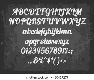Vector alphabet. Hand drawn letters and numbers on chalkboard.