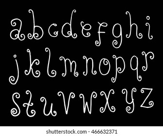 Vector alphabet. Hand drawn letters on black background. Letters of the alphabet written with a pen brush.