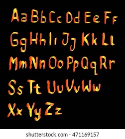 Vector alphabet. Hand drawn letters on Black background. Orange alphabet. Letters of the alphabet written with a pen brush.