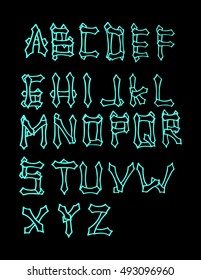 Vector alphabet. Hand drawn letters on black background. Letters of the alphabet written with a pen brush.