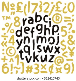 Vector alphabet. Hand drawn letters written with a brush. Black and gold on white background