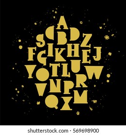 Vector alphabet. Hand drawn letters. Gold on a black background. 