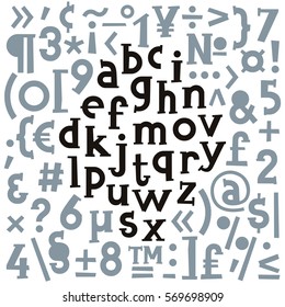 Vector alphabet. Hand drawn letters. Black and gray on white background. 