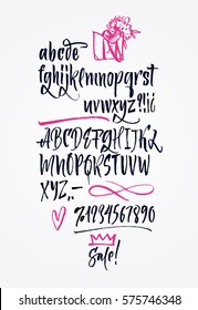 Vector alphabet. Hand drawn letters, numbers, signs. Letters of the alphabet written with a brush. Sale poster constructor 