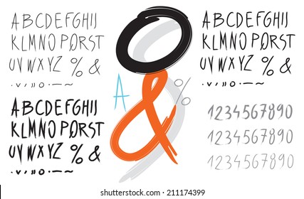 Vector alphabet. Hand painted. Capital letters. Numbers. Punctuation mark. Bold, regular and light.
