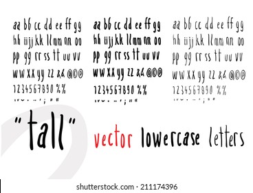 Vector alphabet. Hand painted. Lower case letters. Numbers.  Punctuation mark. Bold, regular and light.