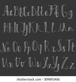 Vector alphabet. Hand-drawn leaves. Letters of the alphabet written in chalk.
