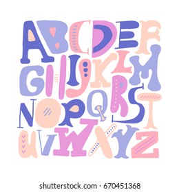Vector alphabet handdrawn poster. Creative background. Perfect for book or notebook covers, postcard, education centers. Latine letters. Unique artwork.