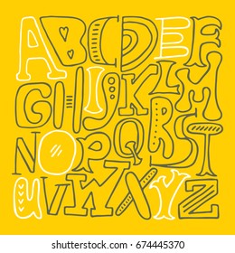 Vector alphabet handdrawn poster. Creative background. Perfect for book or notebook covers, postcard, education centers. Latine letters. Unique artwork.