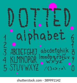 Vector alphabet. Handwritten dotted font with lowercase and uppercase letters, numbers, punctuation marks and typography signs.